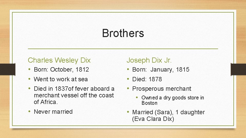 Brothers Charles Wesley Dix • Born: October, 1812 • Went to work at sea