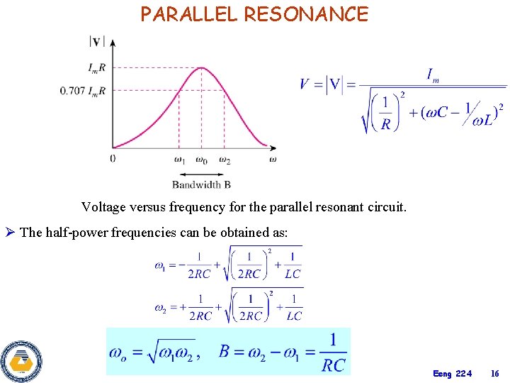 PARALLEL RESONANCE Voltage versus frequency for the parallel resonant circuit. Ø The half-power frequencies PARALLEL RESONANCE Voltage versus frequency for the parallel resonant circuit. Ø The half-power frequencies