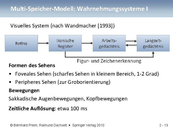 Multi-Speicher-Modell: Wahrnehmungssysteme I Visuelles System (nach Wandmacher [1993]) Formen des Sehens • Foveales Sehen