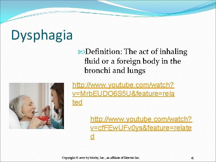 Dysphagia Definition: The act of inhaling fluid or a foreign body in the bronchi