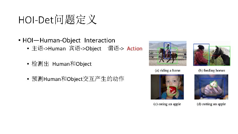 HOI-Det问题定义 • HOI—Human-Object Interaction • 主语->Human 宾语->Object 谓语-> Action • 检测出 Human和Object • 预测Human和Object交互产生的动作