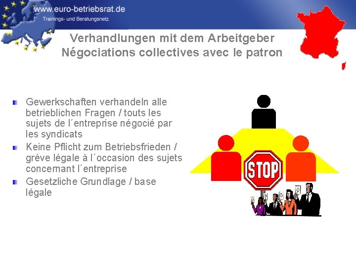 Verhandlungen mit dem Arbeitgeber Négociations collectives avec le patron Gewerkschaften verhandeln alle betrieblichen Fragen