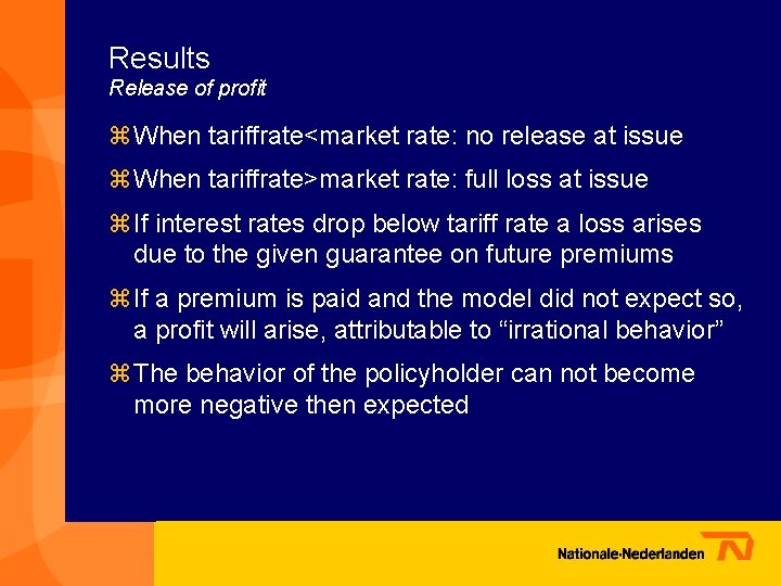 Results Release of profit z When tariffrate<market rate: no release at issue z When