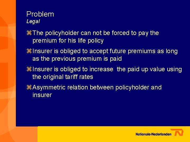 Problem Legal z The policyholder can not be forced to pay the premium for