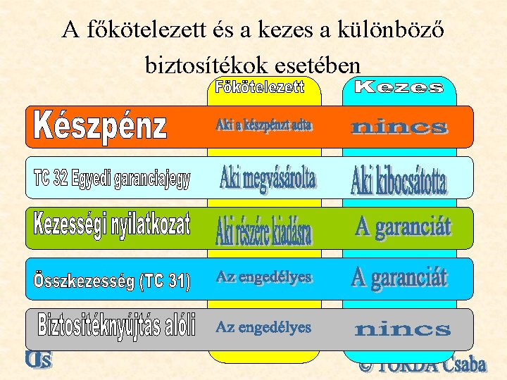 A főkötelezett és a kezes a különböző biztosítékok esetében 