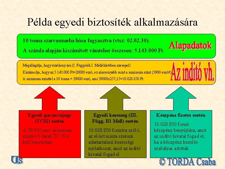 Példa egyedi biztosíték alkalmazására 10 tonna szarvasmarha húsa fagyasztva (vtsz: 02. 30). A számla