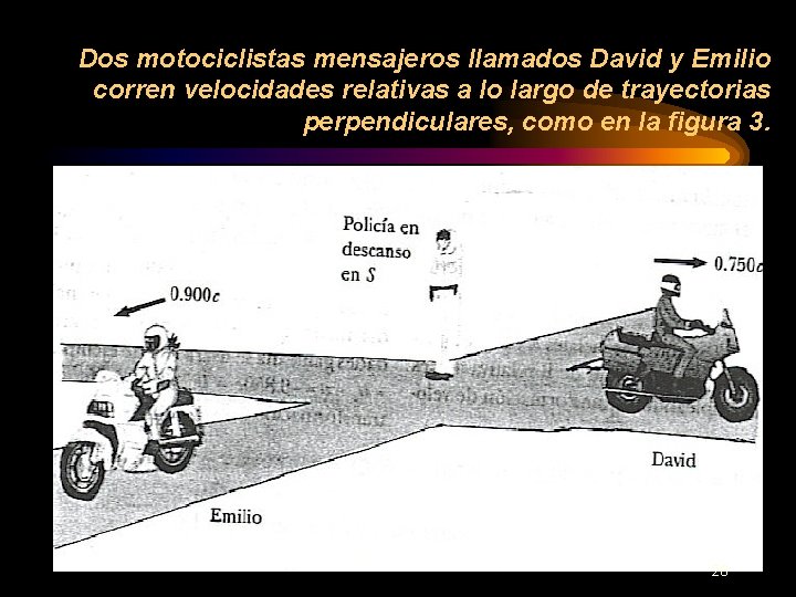 Dos motociclistas mensajeros llamados David y Emilio corren velocidades relativas a lo largo de