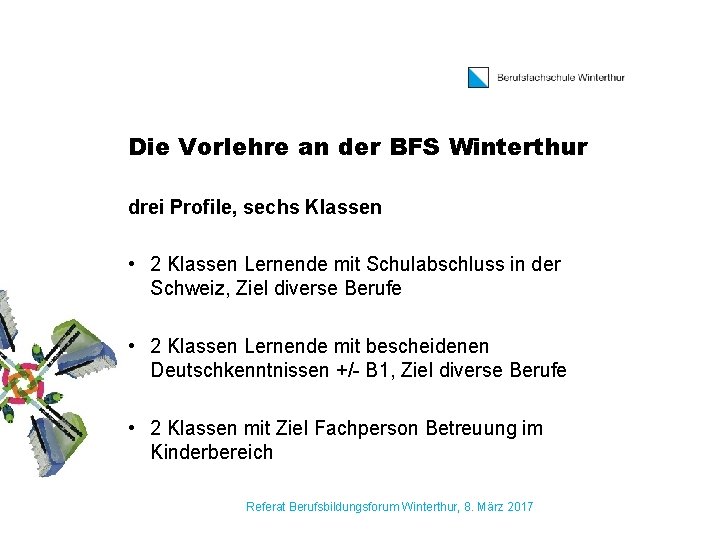 Die Vorlehre an der BFS Winterthur drei Profile, sechs Klassen • 2 Klassen Lernende