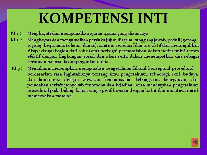 KOMPETENSI INTI KI 1 : KI 2 : KI 3 : Menghayati dan mengamalkan