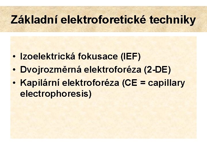 Základní elektroforetické techniky • Izoelektrická fokusace (IEF) • Dvojrozměrná elektroforéza (2 -DE) • Kapilární