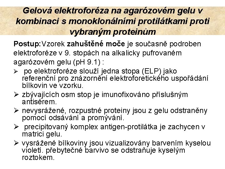 Gelová elektroforéza na agarózovém gelu v kombinaci s monoklonálními protilátkami proti vybraným proteinům Postup: