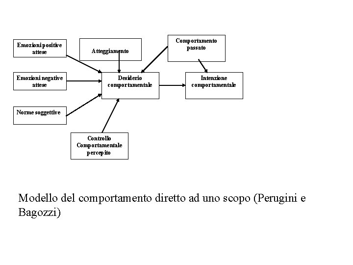  Emozioni positive attese Emozioni negative attese Atteggiamento Comportamento passato Desiderio comportamentale Intenzione comportamentale