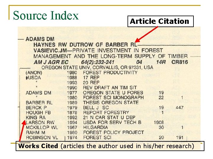 Source Index Article Citation Works Cited (articles the author used in his/her research) 