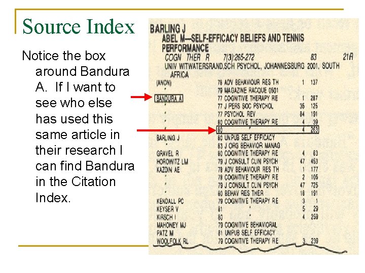 Source Index Notice the box around Bandura A. If I want to see who