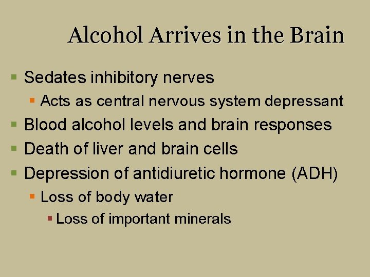 Alcohol Arrives in the Brain § Sedates inhibitory nerves § Acts as central nervous