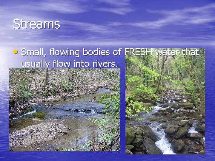 Streams • Small, flowing bodies of FRESH water that usually flow into rivers. 