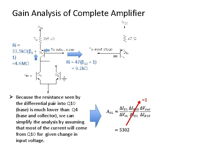 Gain Analysis of Complete Amplifier Ri ≈ 33. 5 kΩ(β 4 + 1) =4.