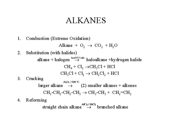 ALKANES 1. Combustion (Extreme Oxidation) Alkane + O 2 CO 2 + H 2