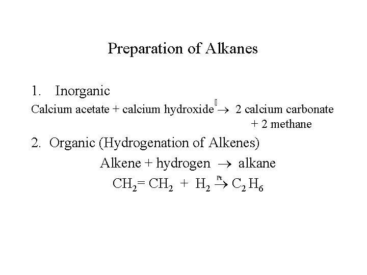 Preparation of Alkanes 1. Inorganic Calcium acetate + calcium hydroxide 2 calcium carbonate +