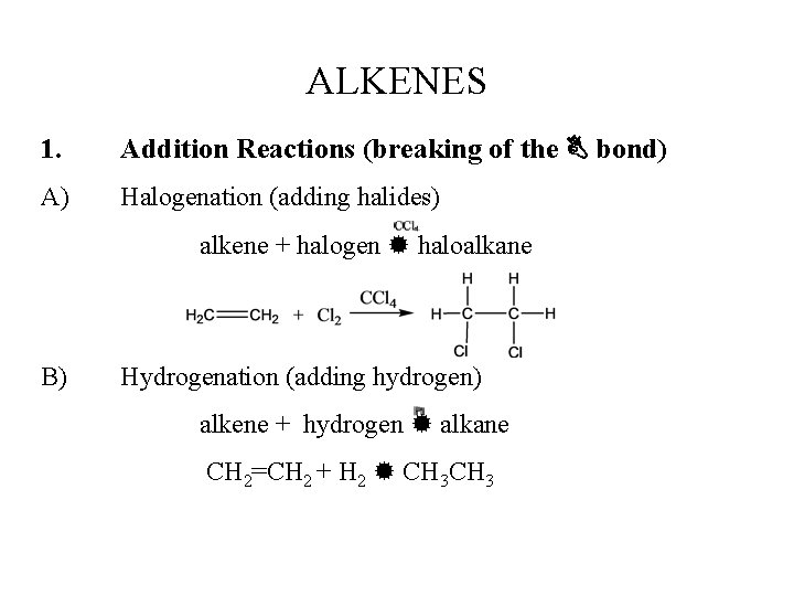 ALKENES 1. Addition Reactions (breaking of the bond) A) Halogenation (adding halides) alkene +