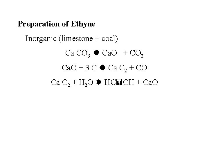 Preparation of Ethyne Inorganic (limestone + coal) Ca CO 3 Ca. O + CO