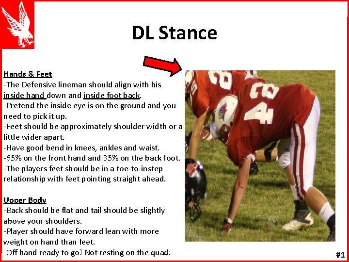 DL Stance Hands & Feet -The Defensive lineman should align with his inside hand