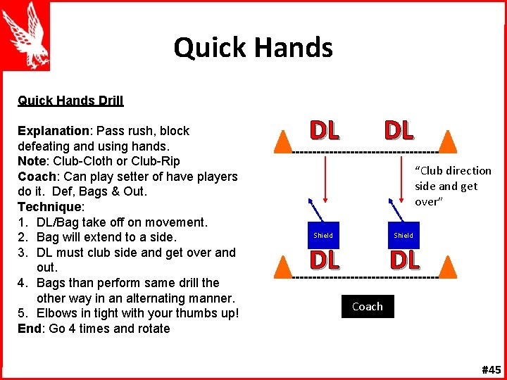 Quick Hands Drill Explanation: Pass rush, block defeating and using hands. Note: Club-Cloth or