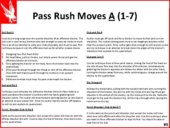 Pass Rush Moves A (1 -7) Bull Rush 1 Club and Rip 4 Used