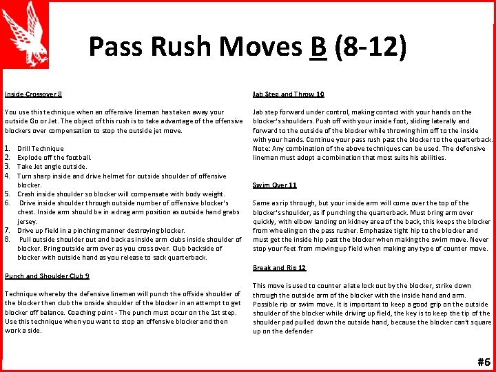 Pass Rush Moves B (8 -12) Inside Crossover 8 Jab Step and Throw 10