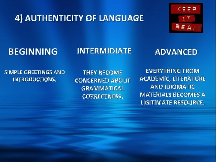 4) AUTHENTICITY OF LANGUAGE INTERMIDIATE SIMPLE GREETINGS AND INTRODUCTIONS. THEY BECOME CONCERNED ABOUT GRAMMATICAL