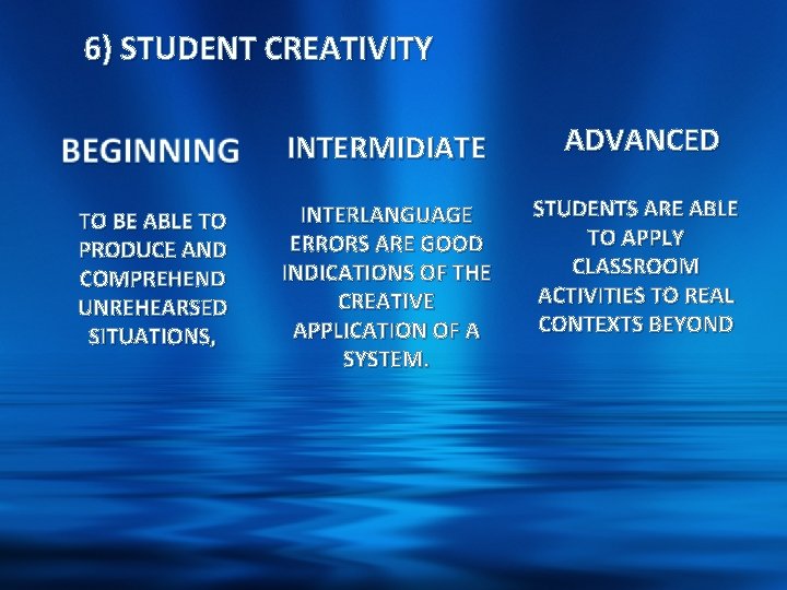 6) STUDENT CREATIVITY TO BE ABLE TO PRODUCE AND COMPREHEND UNREHEARSED SITUATIONS, INTERMIDIATE ADVANCED