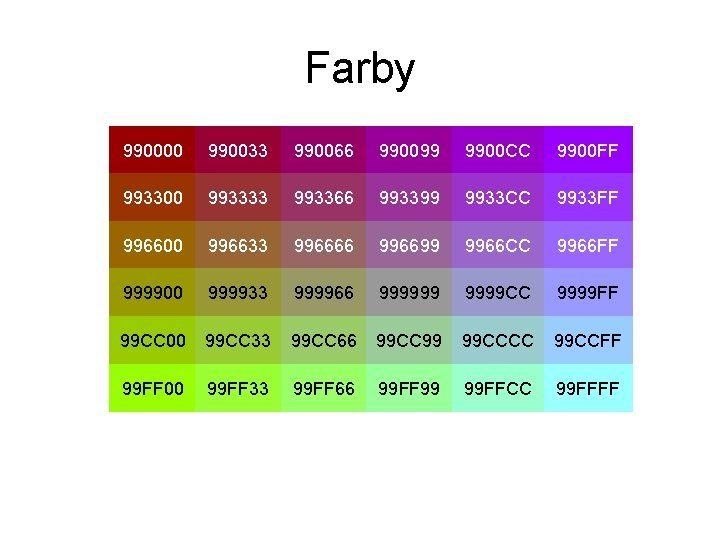 Farby 990000 990033 990066 990099 9900 CC 9900 FF 993300 993333 993366 993399 9933