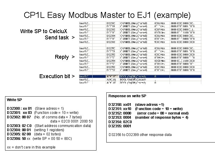 CP 1 L Easy Modbus Master to EJ 1 (example) Write SP to Celciu.
