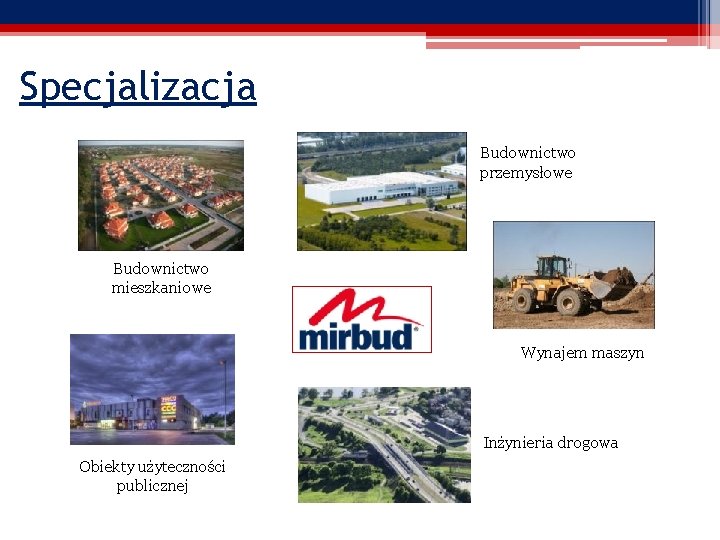 Specjalizacja Budownictwo przemysłowe Budownictwo mieszkaniowe Wynajem maszyn Inżynieria drogowa Obiekty użyteczności publicznej 
