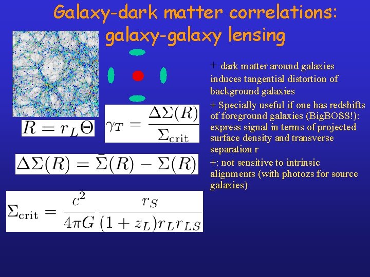 Galaxy-dark matter correlations: galaxy-galaxy lensing + dark matter around galaxies induces tangential distortion of