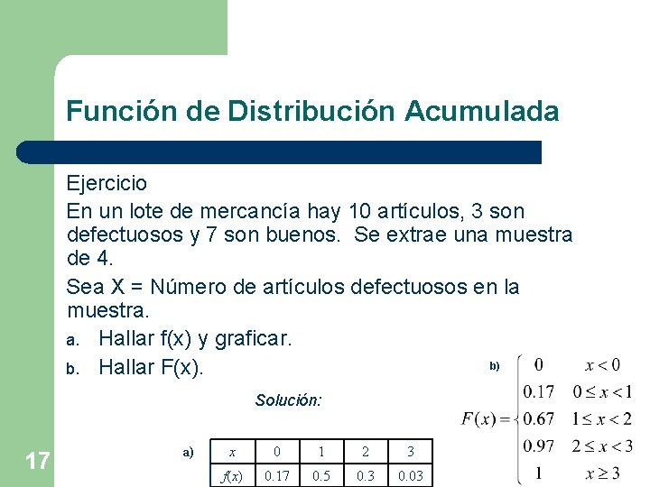 Función de Distribución Acumulada Ejercicio En un lote de mercancía hay 10 artículos, 3