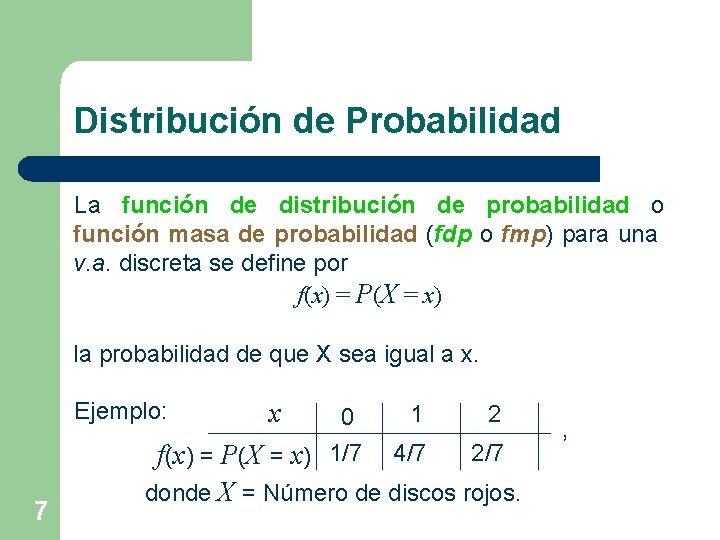 Distribución de Probabilidad La función de distribución de probabilidad o función masa de probabilidad