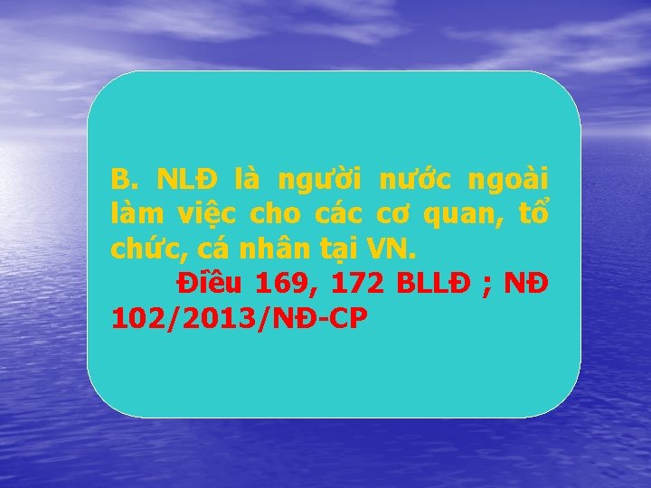 B. NLĐ là người nước ngoài làm việc cho các cơ quan, tổ chức,