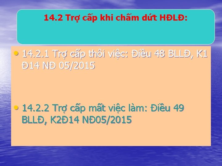 14. 2 Trợ cấp khi chấm dứt HĐLĐ: • 14. 2. 1 Trợ cấp