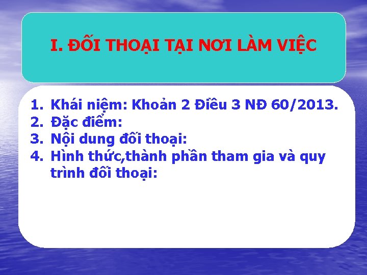 I. ĐỐI THOẠI TẠI NƠI LÀM VIỆC 1. 2. 3. 4. Khái niệm: Khoản
