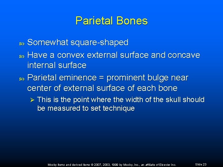 Parietal Bones Somewhat square-shaped Have a convex external surface and concave internal surface Parietal
