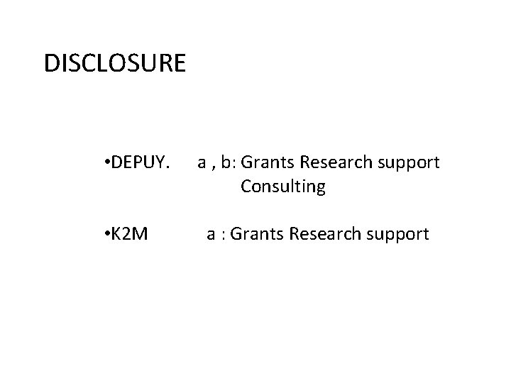DISCLOSURE • DEPUY. • K 2 M a , b: Grants Research support Consulting