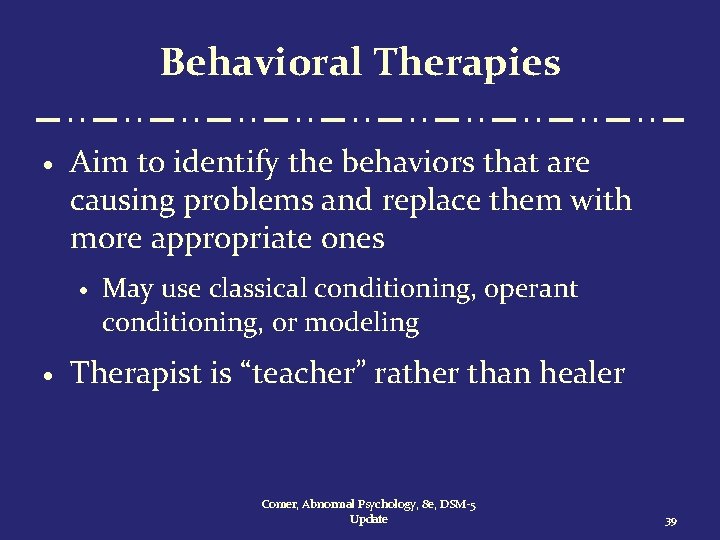 Behavioral Therapies · Aim to identify the behaviors that are causing problems and replace