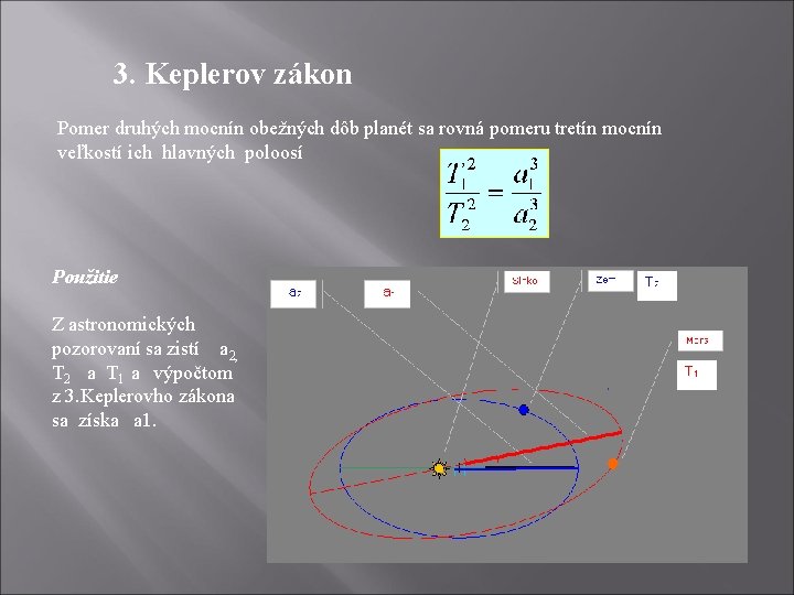 3. Keplerov zákon Pomer druhých mocnín obežných dôb planét sa rovná pomeru tretín mocnín