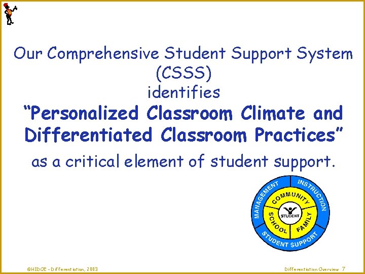 Our Comprehensive Student Support System (CSSS) identifies “Personalized Classroom Climate and Differentiated Classroom Practices”