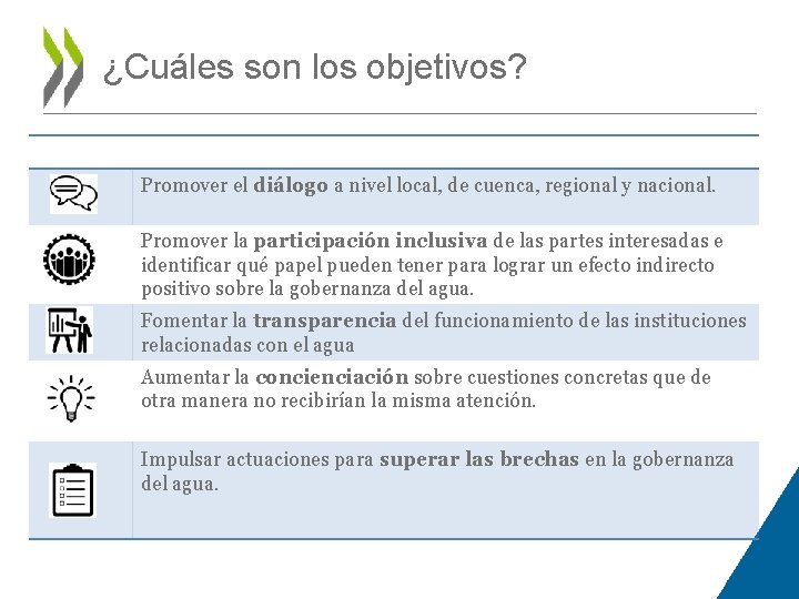 ¿Cuáles son los objetivos? Promover el diálogo a nivel local, de cuenca, regional y