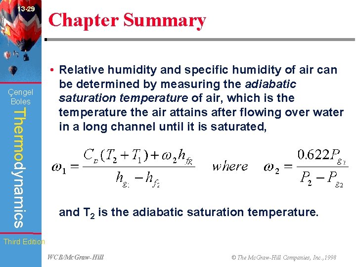13 -29 Çengel Boles Chapter Summary Thermodynamics • Relative humidity and specific humidity of