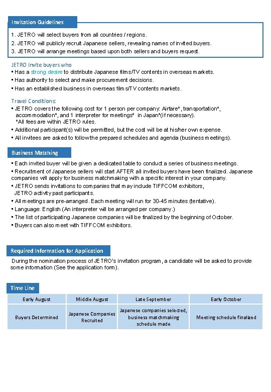 Invitation Guidelines 1. JETRO will select buyers from all countries / regions. 2. JETRO