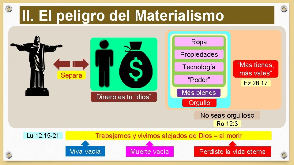 II. El peligro del Materialismo Ropa Propiedades Tecnología Separa “Poder” Dinero es tu “dios”