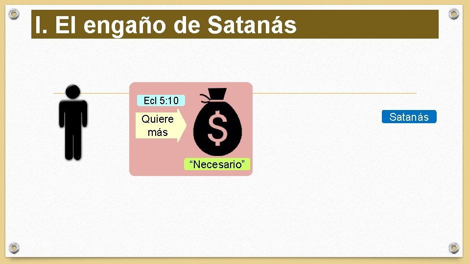 I. El engaño de Satanás Ecl 5: 10 Satanás Quiere más “Necesario” 